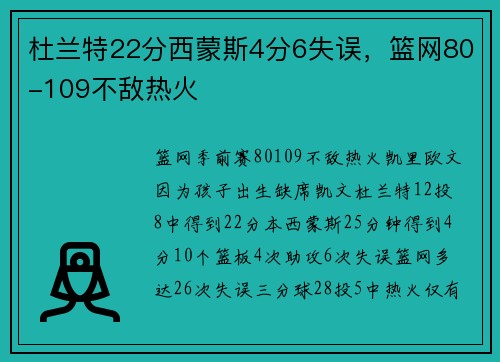 杜兰特22分西蒙斯4分6失误，篮网80-109不敌热火