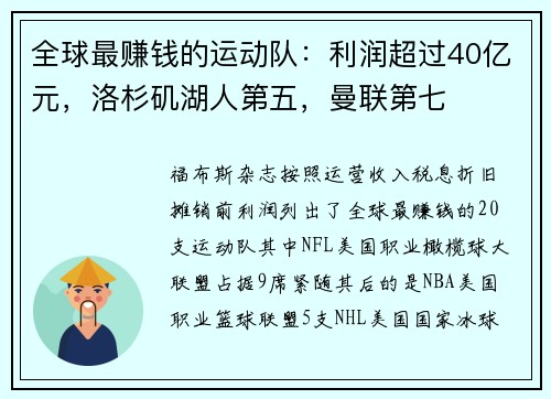 全球最赚钱的运动队：利润超过40亿元，洛杉矶湖人第五，曼联第七