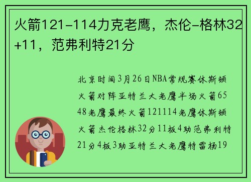 火箭121-114力克老鹰，杰伦-格林32+11，范弗利特21分