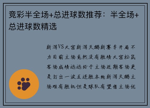 竞彩半全场+总进球数推荐：半全场+总进球数精选